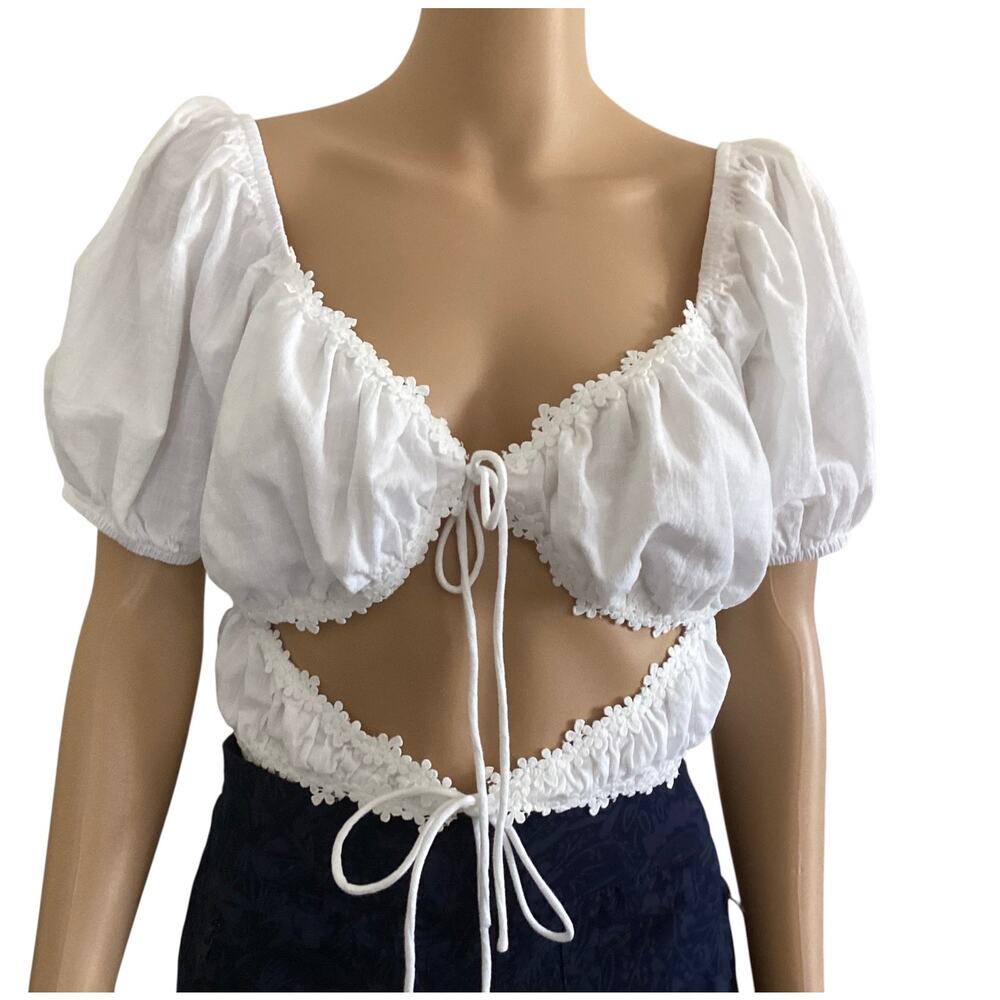 Sabo Skirt White Puff Sleeve Cutout Tie-Front Crop Top size L